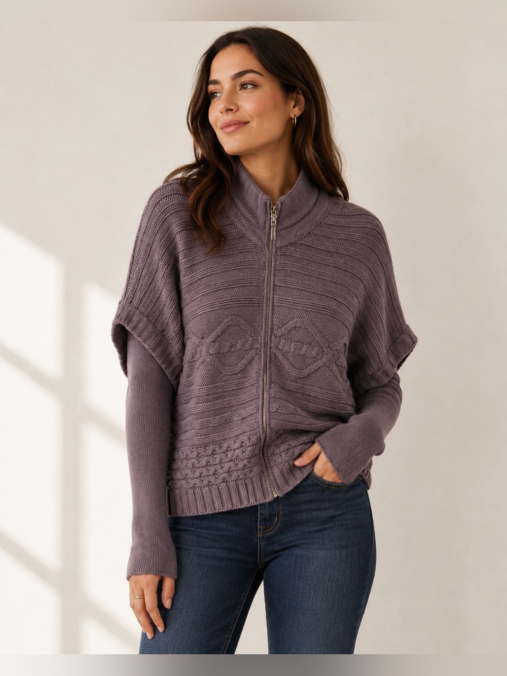 Nine West Jeans Purple Zip Up Chunky Knit Sweater Mock Neck Dolman Sleeve Large